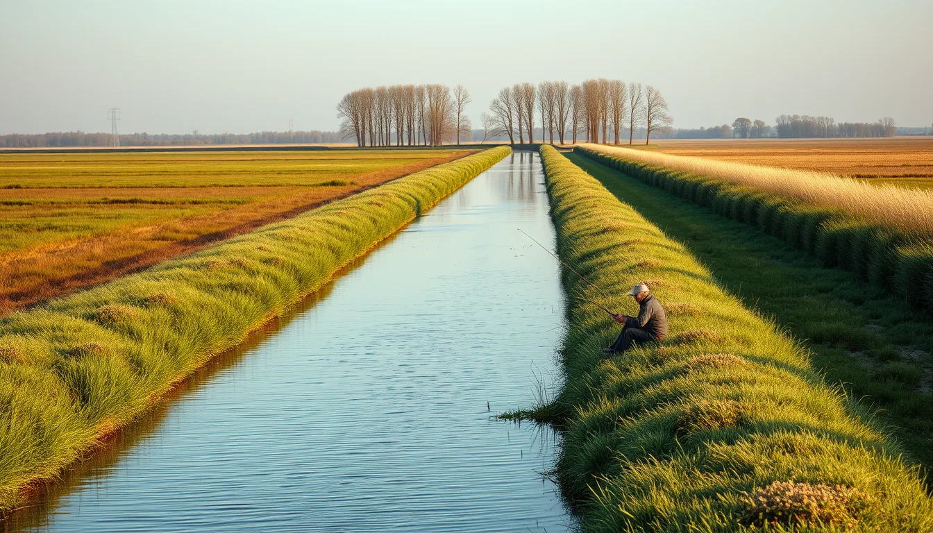 Canal de desecare în câmpia Banatului cu un pescar la plută pe dig