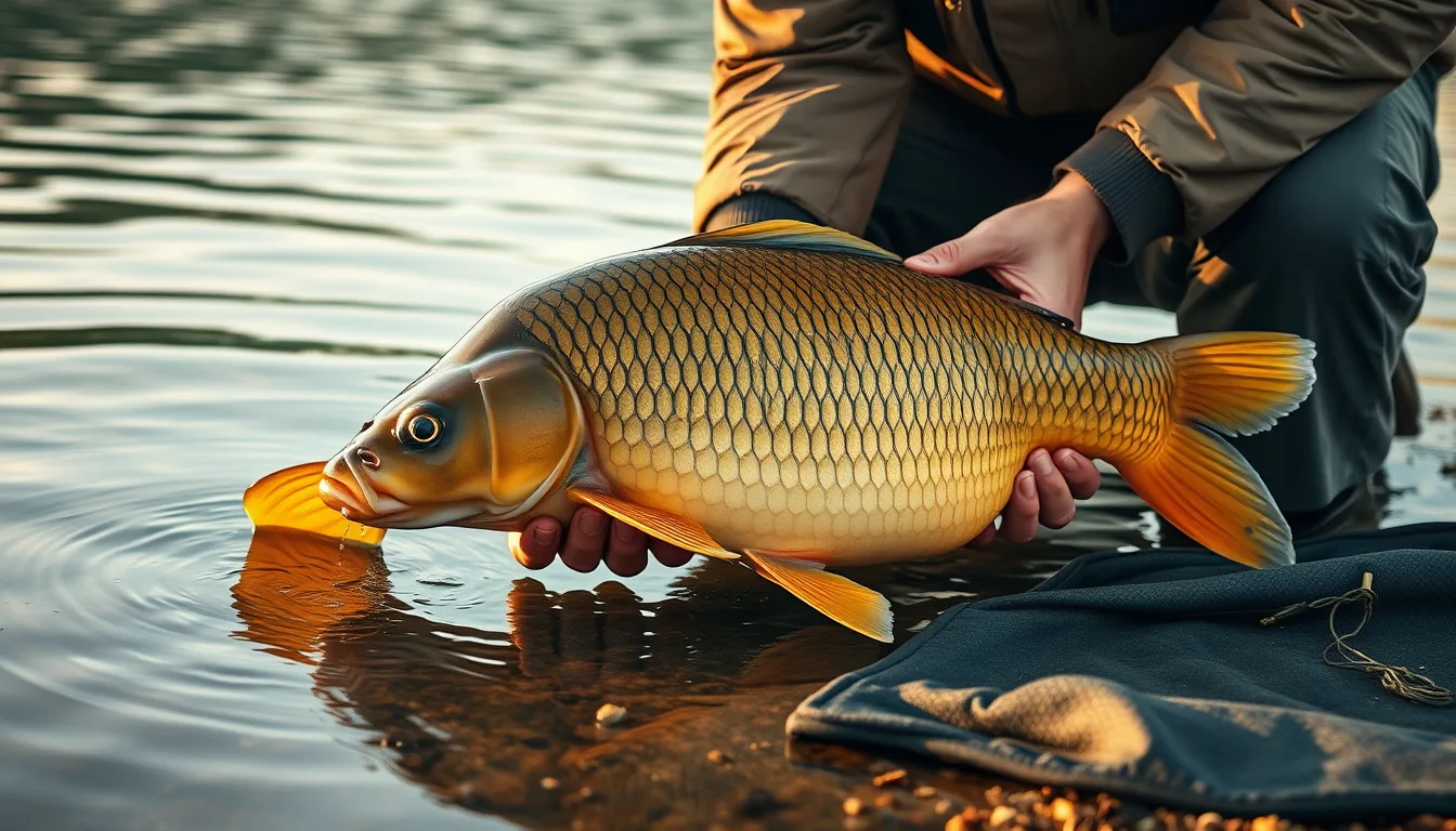 Pescar eliberând un crap oglindă în apă la o baltă catch and release