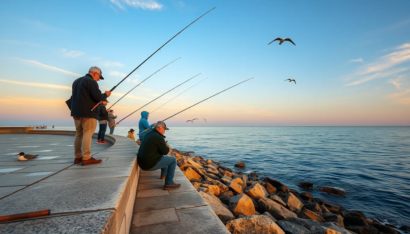 Pescari pe un dig la Marea Neagră la răsărit