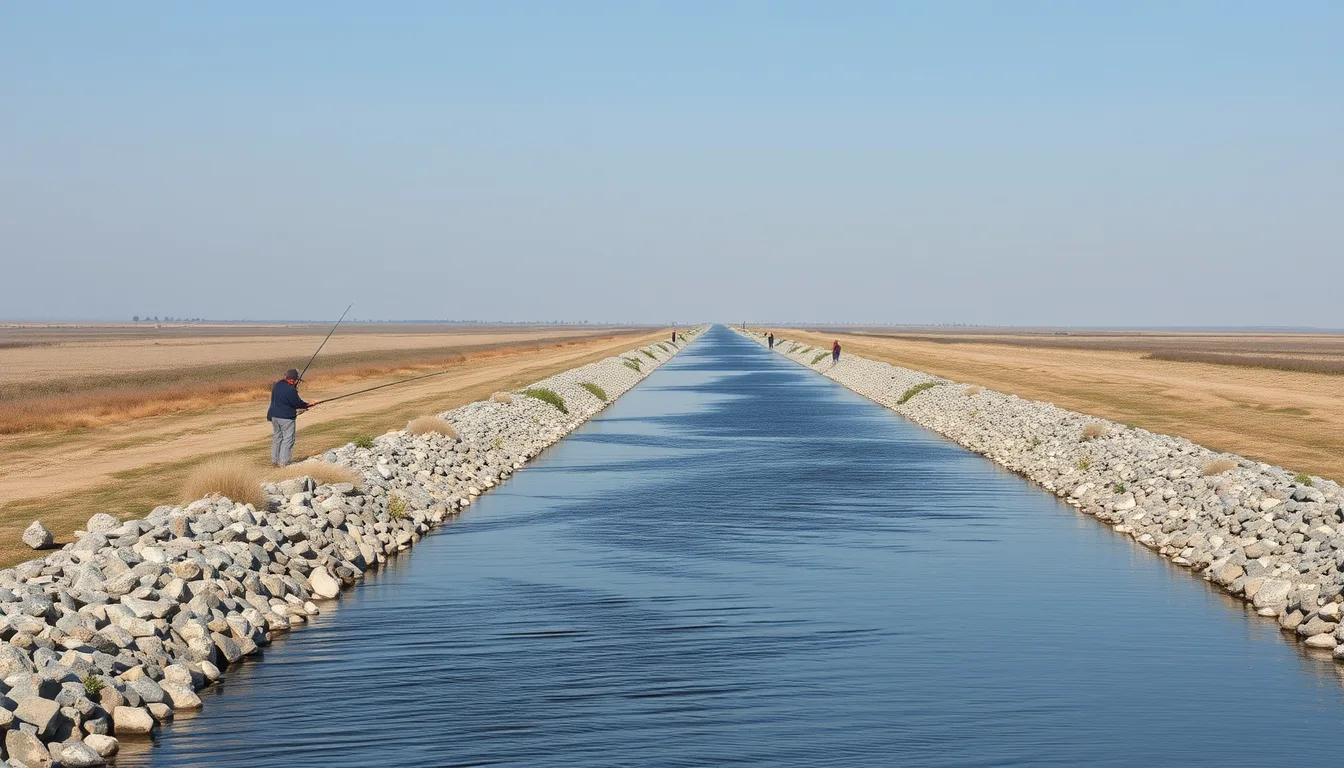 Canal navigabil cu maluri de piatră în Dobrogea și pescari pe mal