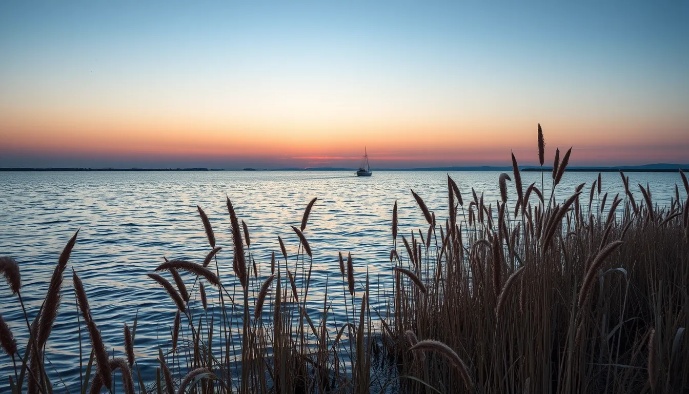 Lac mare de apă dulce lângă litoral la apus
