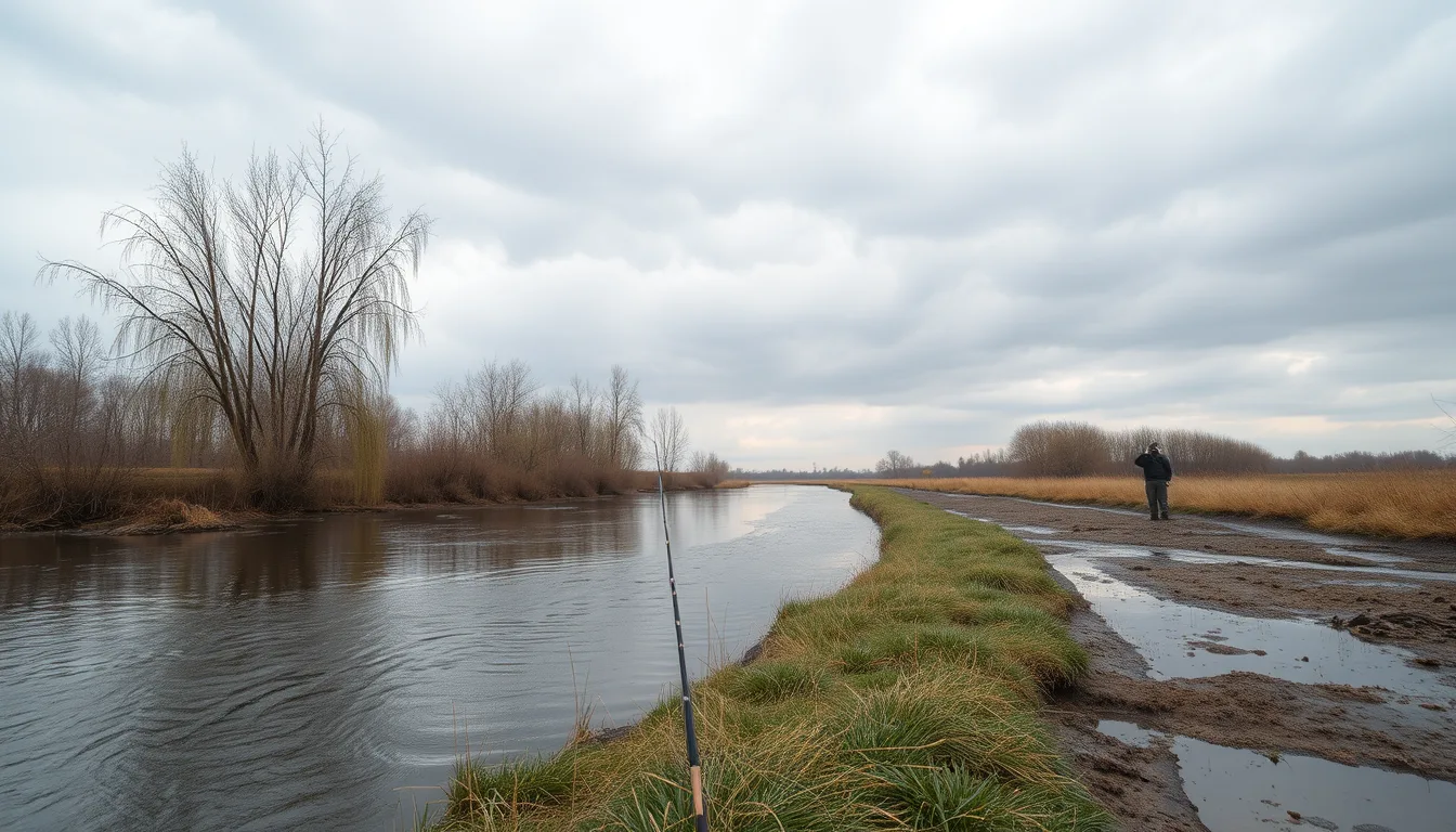 Râu de câmpie cu sălcii și un pescar la feeder