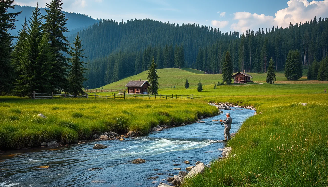 Pârâu de munte limpede prin pădure de molid și pajiști în Bucovina, cu un pescar pe mal
