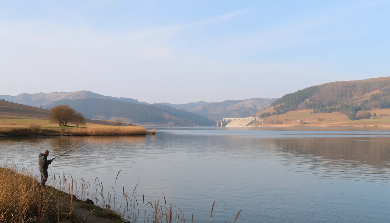 Lac de acumulare mare între dealuri, cu stuf și pescari pe mal